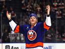 Matthew Schaefer of the New York Islanders celebrates the team's 5-4 victory over the Florida Panthers at UBS Arena on March 1, 2026, in Elmont, N.Y.