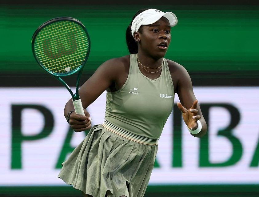 Victoria Mboko of Canada plays Amanda Anisimova of the United States during Day 7 of the BNP Paribas Open at the Indian Wells Tennis Garden on March 10, 2026 in Indian Wells, California.