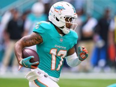 FILE - Miami Dolphins wide receiver Jaylen Waddle (17) runs during the first half of an NFL football game against the Tampa Bay Buccaneers, Dec. 28, 2025, in Miami Gardens, Fla.