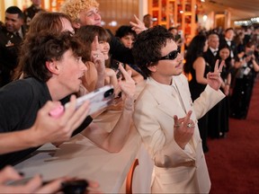 Timothee Chalamet arrives at the Oscars on Sunday, March 15, 2026, at the Dolby Theatre in Los Angeles.