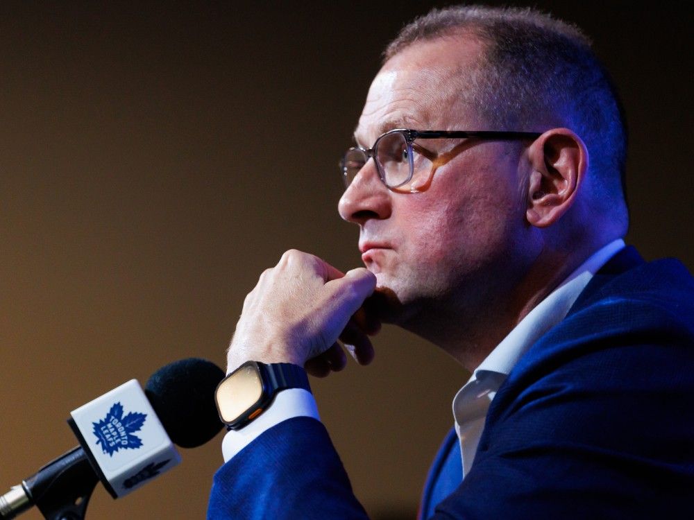 Maple Leafs general manager Brad Treliving speaks to reporters in Toronto, May 29, 2025.