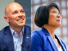 Toronto Councillor Brad Bradford, left, and Toronto Mayor Olivia Chow.