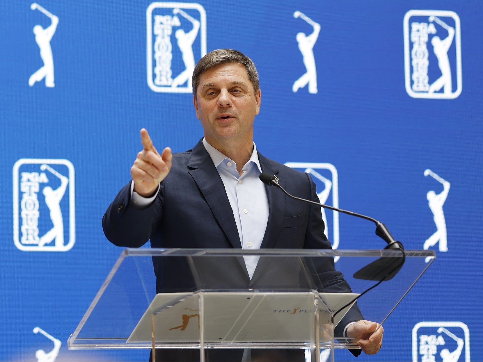 Brian Rolapp, CEO of the PGA Tour, speaks to the media before The Players Championship at TPC Sawgrass in Ponte Vedra Beach, yesterday. Play gets underway Thursday morning. 