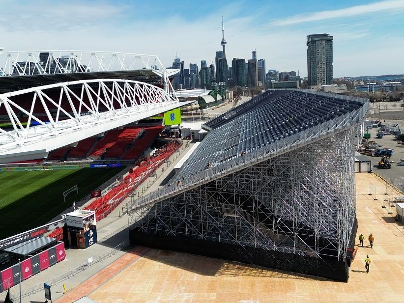 Temporary bleacher seating is installed to add extra capacity near the regular stands at BMO Field in Toronto, ahead of the upcoming FIFA World Cup. BMO Field will host matches during the 2026 FIFA World Cup. 