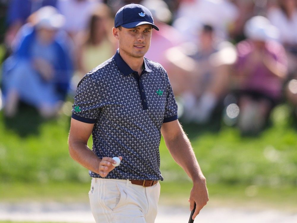Ludvig Aberg of Sweden reacts after a birdie on the ninth green during the third round of The Players Championship in Ponte Vedra Beach, Fla., Saturday, March 14, 2026.
