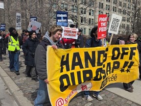 Students march to Queen’s Park in Toronto on March 24, 2026, to protest changes to OSAP ahead of the provincial budget.