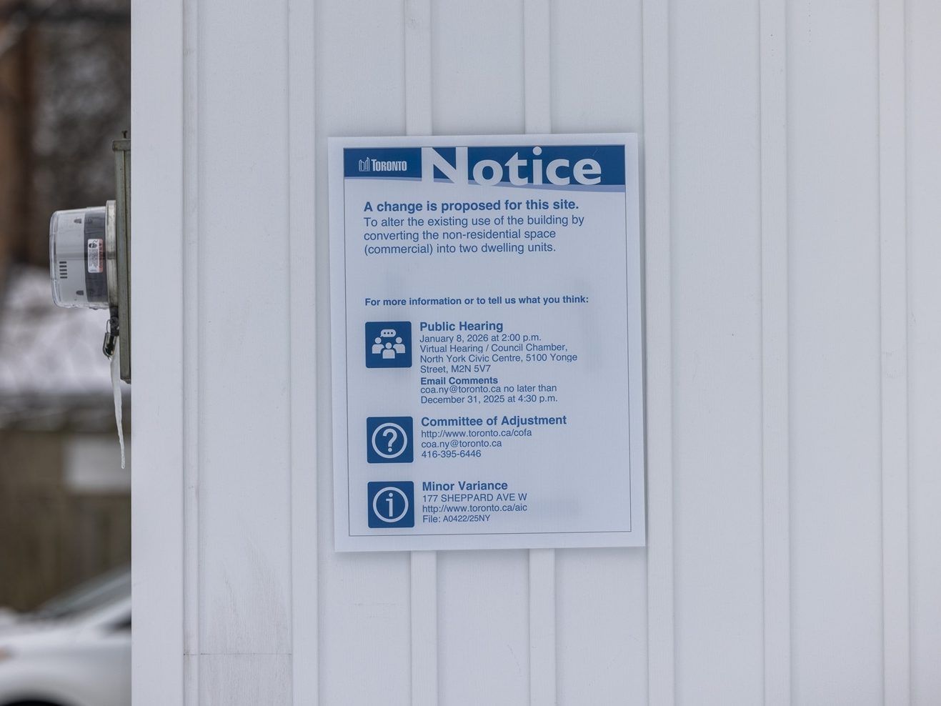 A notice posted at 177 Sheppard Ave. W. in Toronto.