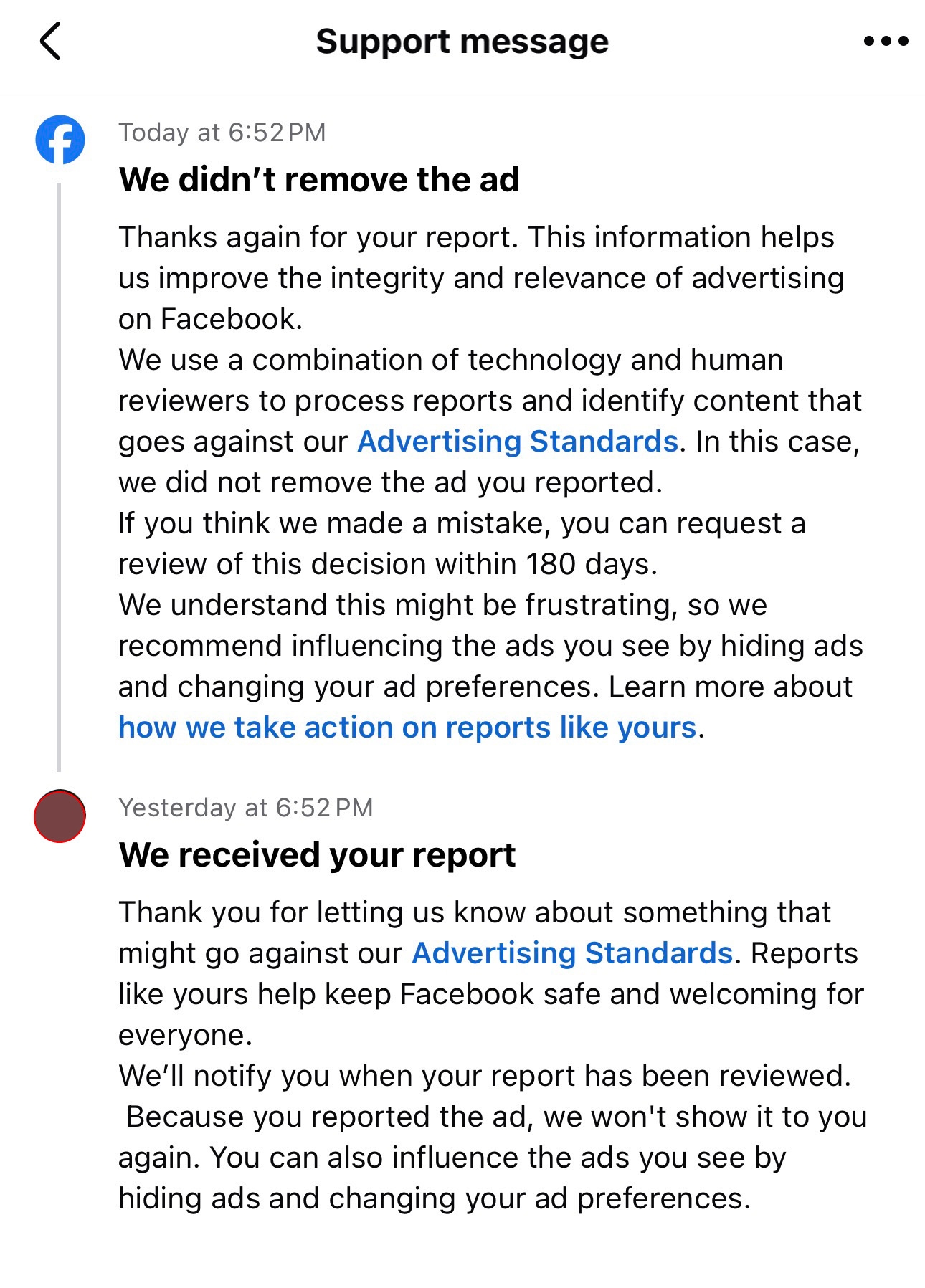  Attempts to report the ads to Facebook were never successful.