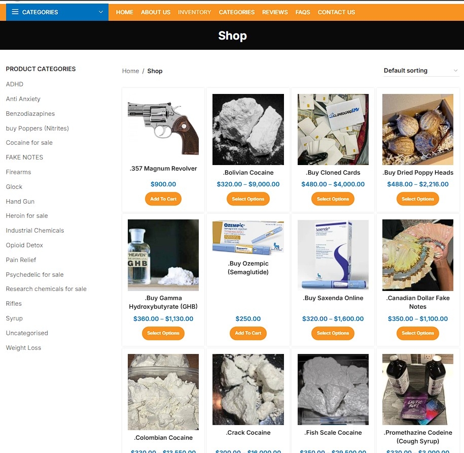  An ad for a retailer advertising its wares on Facebook, including illicit drugs, firearms and counterfeit money.