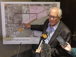 Richmond Mayor Malcolm Brodie speaks to the media as hundreds attend a Cowichan Ruling Info Session at the Sheraton Vancouver Airport Hotel in Richmond, B.C., in October 2025.