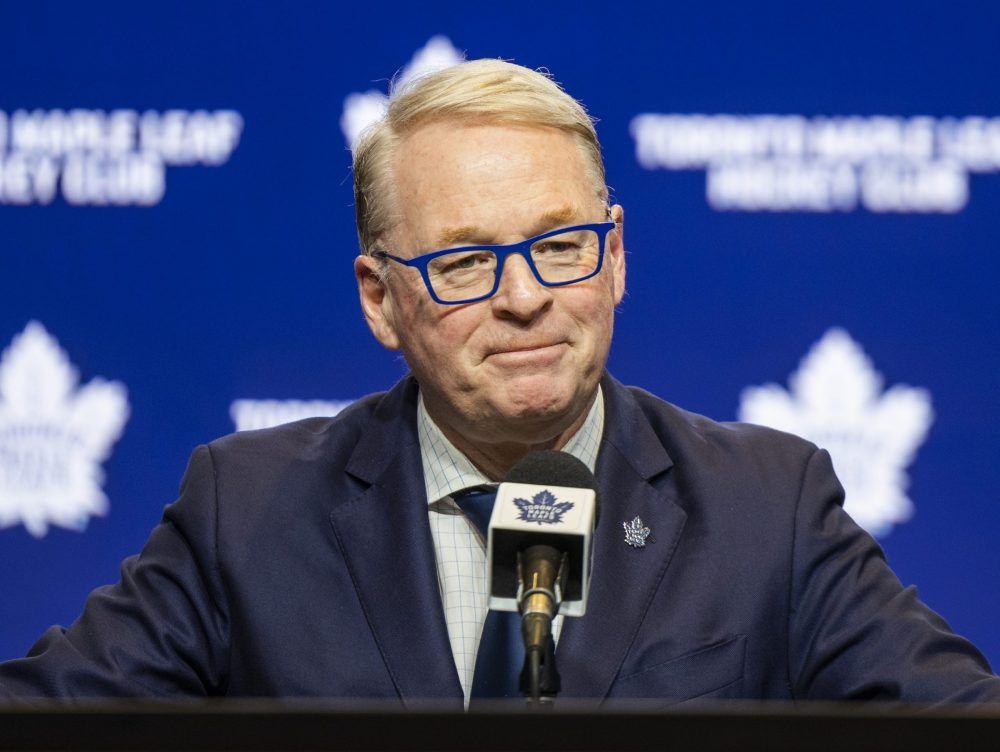 Keith Pelley, President and CEO of Maple Leaf Sports and Entertainment, addresses media at Scotiabank Arena in Toronto on March 31, 2026, following the firing of Toronto Maple Leafs GM Brad Treliving. 