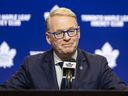 Keith Pelley, President and CEO of Maple Leaf Sports and Entertainment, addresses media at Scotiabank Arena in Toronto on March 31, 2026, following the firing of Toronto Maple Leafs GM Brad Treliving.