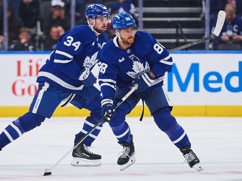 Toronto Maple Leafs' William Nylander moves up the ice alongside teammate Auston Matthews during a game earlier this season.