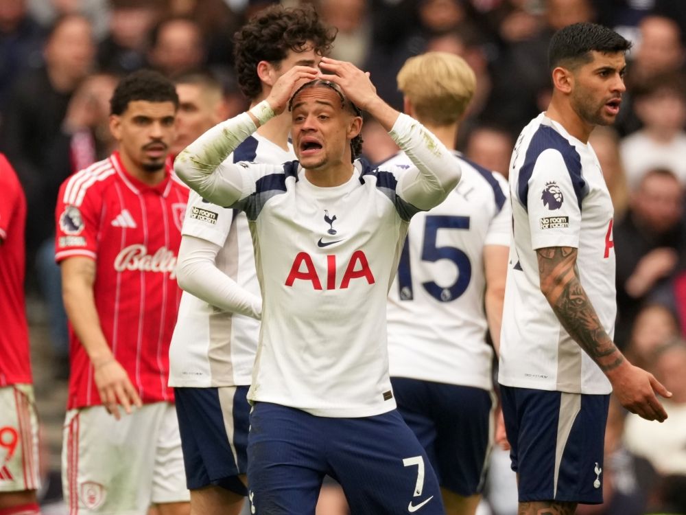 Tottenham's Xavi Simons reacts during an English Premier League soccer match against Nottingham Forest in March.