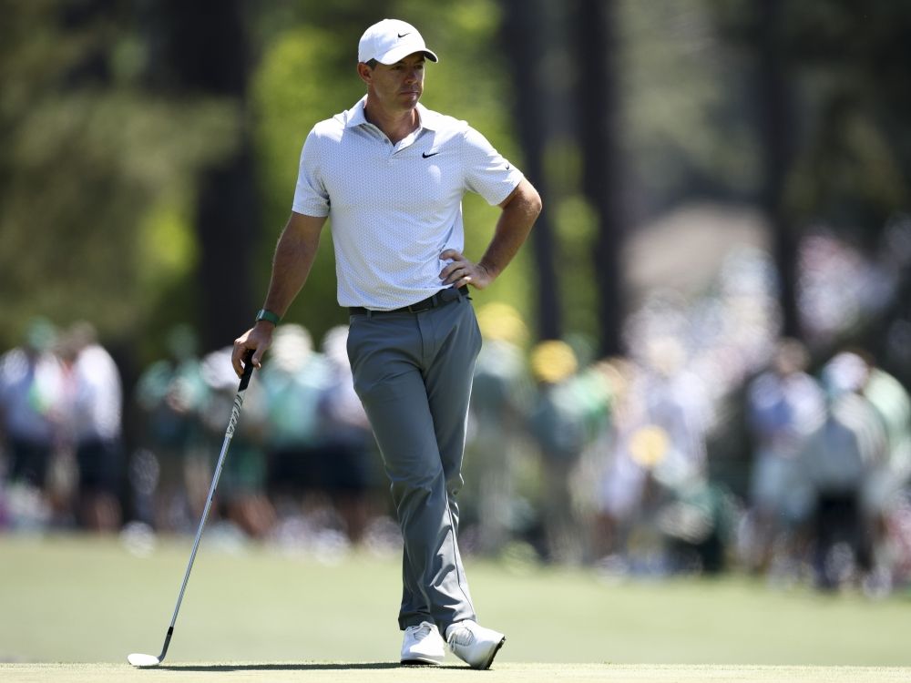 Rory McIlroy looks on from the third green during the second round of the 2026 Masters Tournament at Augusta National Golf Club.