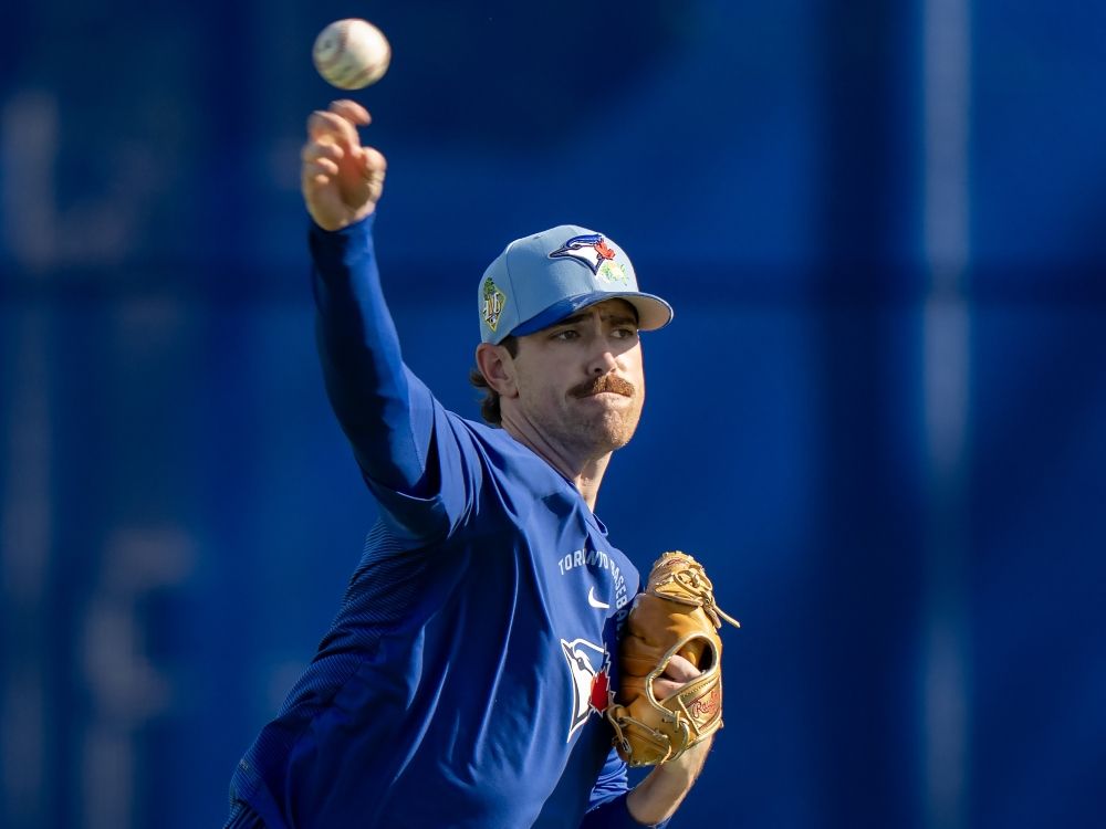 Toronto Blue Jays pitcher Shane Bieber throws during Spring Training in Dunedin, Fla.