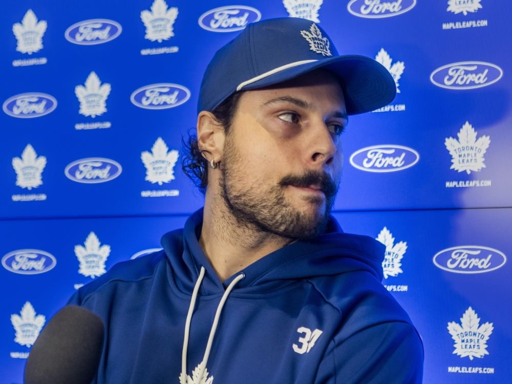 Toronto Maple Leafs captain Auston Matthews talks to reporters during the end of season media availability.