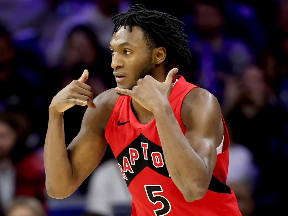 Immanuel Quickley of the Toronto Raptors celebrates a three-pointer during a game earlier this season.