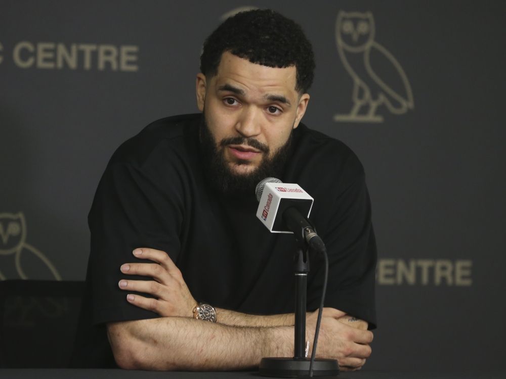 Fred VanVleet speaks during Toronto Raptors season-ending locker clean outs in 2023.