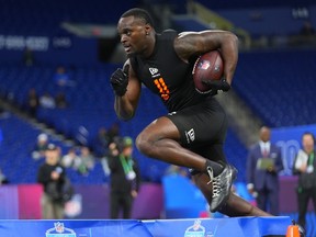 Notre Dame running back Jeremiyah Love runs a drill at the NFL football scouting combine earlier this year.