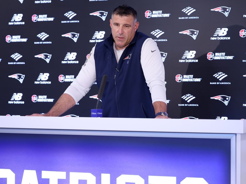 New England Patriots head coach Mike Vrabel speaks during a press conference on April 21, 2026.