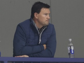 Shane Doan, Toronto Maple Leafs advisor to the GM, watches a drill during developmental camp in 2023.