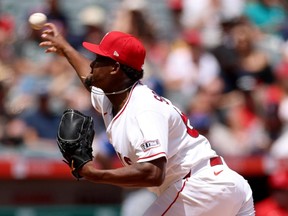 Jose Soriano of the Los Angeles Angels pitches