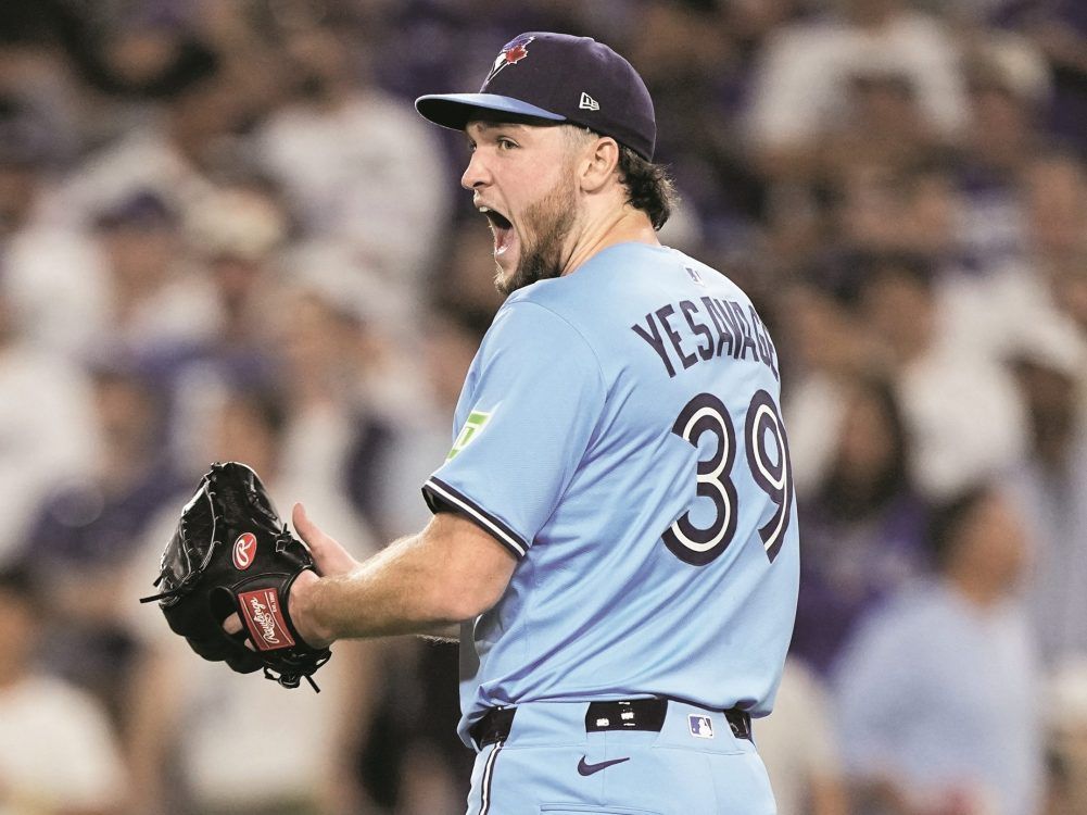 Toronto Blue Jays pitcher Trey Yesavage reacts during Game 5 of the World Series against the Los Angeles Dodgers on Oct. 29, 2025, in Los Angeles.