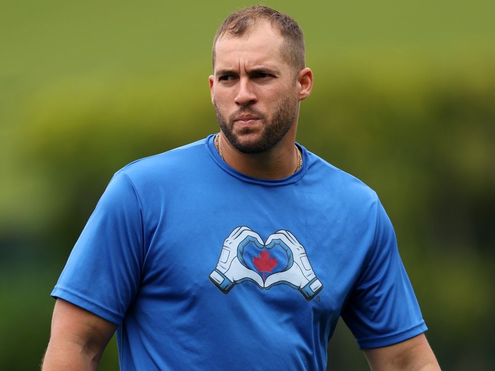 George Springer of the Toronto Blue Jays trains in the outfield before a game against the Los Angeles Angels at Angel Stadium earlier this week.