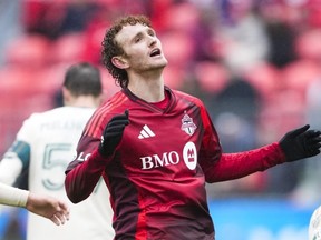 Josh Sargent of Toronto FC reacts to a missed opportunity