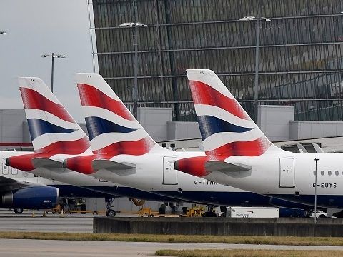 British Airways planes sit on the tarmac at Heathrow airport in London.