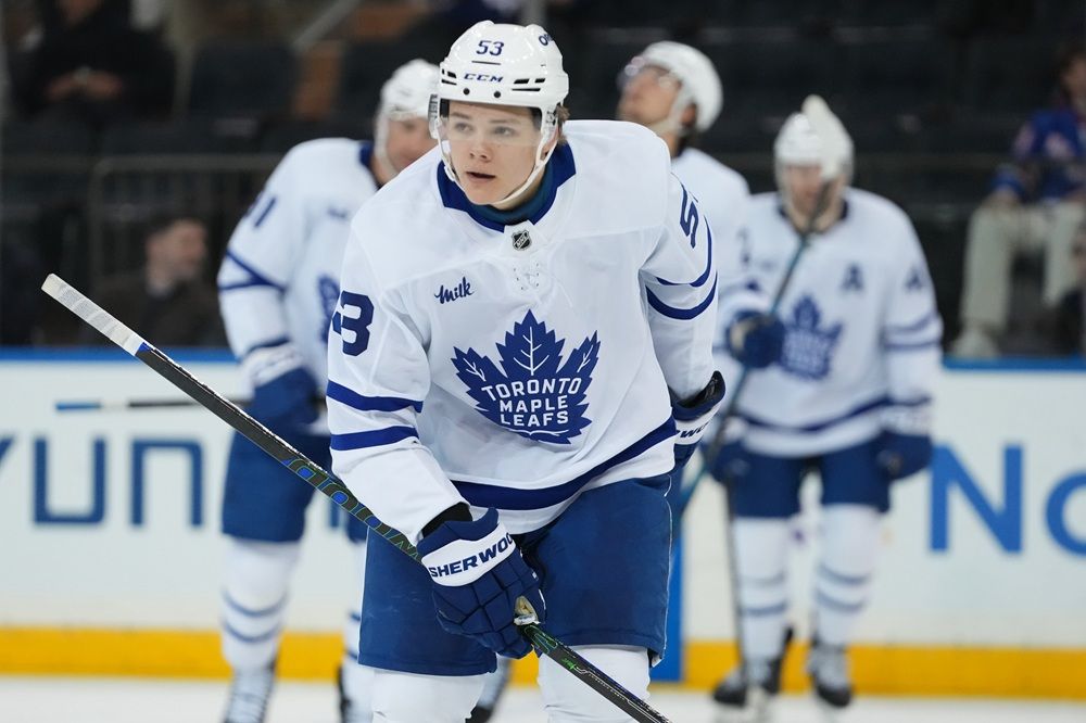 Maple Leafs' Easton Cowan skates towards his team's bench after scoring a goal during the second period against the New York Rangers Thursday, March 5, 2026, in New York. 
