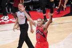 Raptors' Scottie Barnes celebrates the Raps' win against Cleveland Cavaliers in Toronto on Sunday, April 26, 2026.