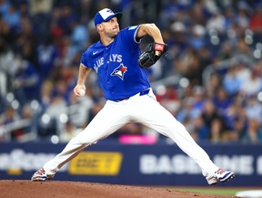 Max Scherzer, of the Toronto Blue Jays, pitches in the first inning of their MLB game against the Minnesota Twins at Rogers Centre in Toronto on April 12, 2026.