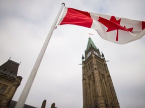 Canadian flag in front on Parliament