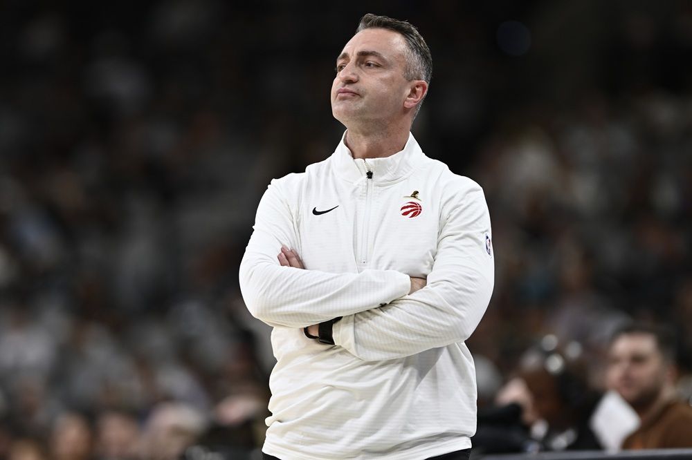 Raptors head coach Darko Rajakovic watches play during the first half of a game against the San Antonio Spurs, Sunday, April 13, 2025, in San Antonio. 