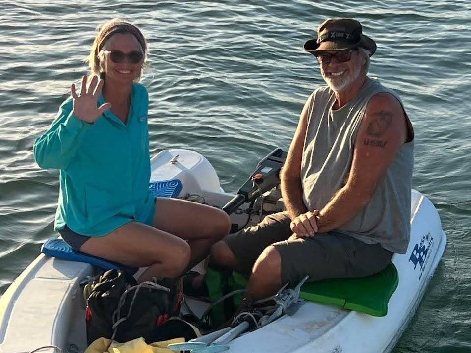 Lynette and Brian on a small boat in January.