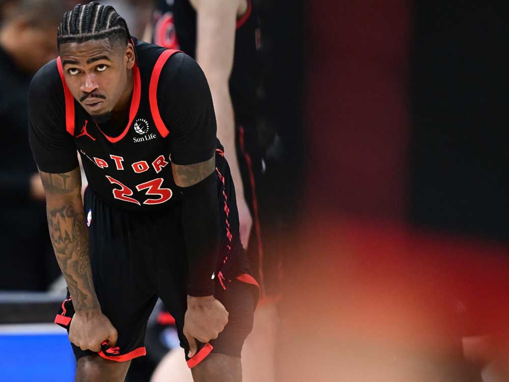 Toronto Raptors guard Jamal Shead reacts during the second half in Game 5 of a first-round NBA playoffs basketball series against the Cleveland Cavaliers, Wednesday, April 29, 2026, In Cleveland.