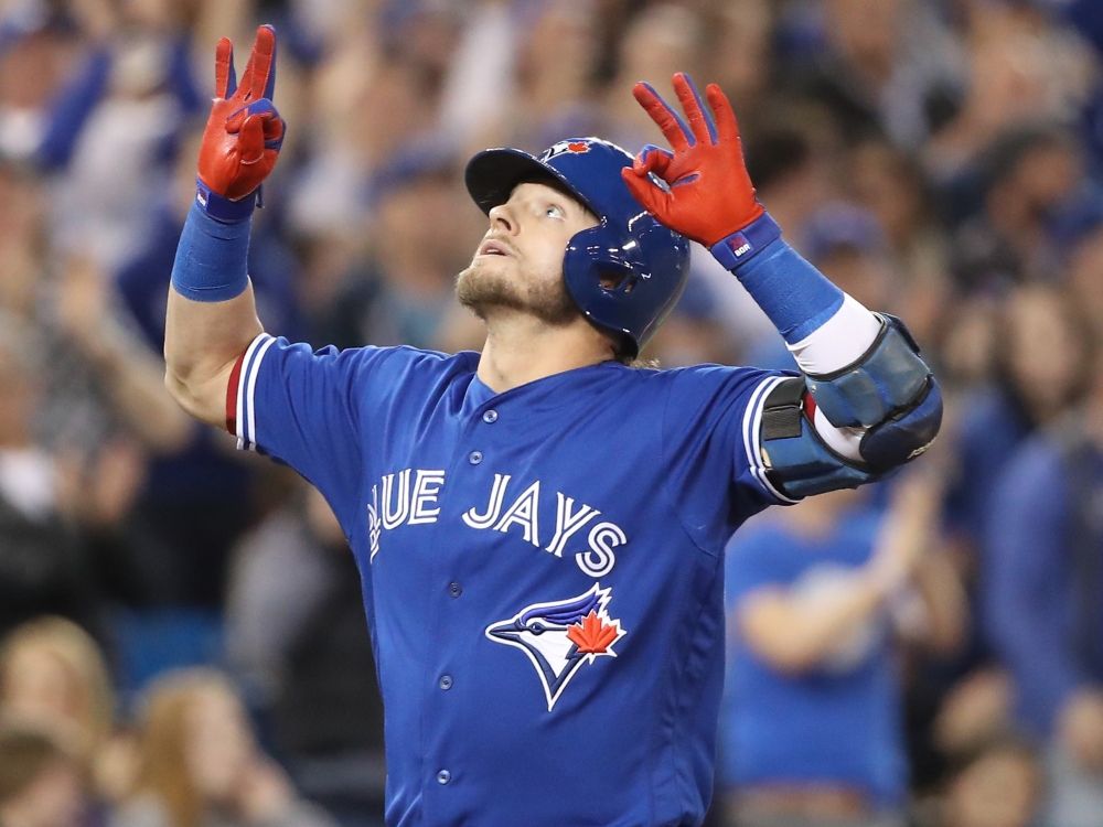 Toronto Blue Jays' Josh Donaldson celebrates his solo home run during a game in 2018.
