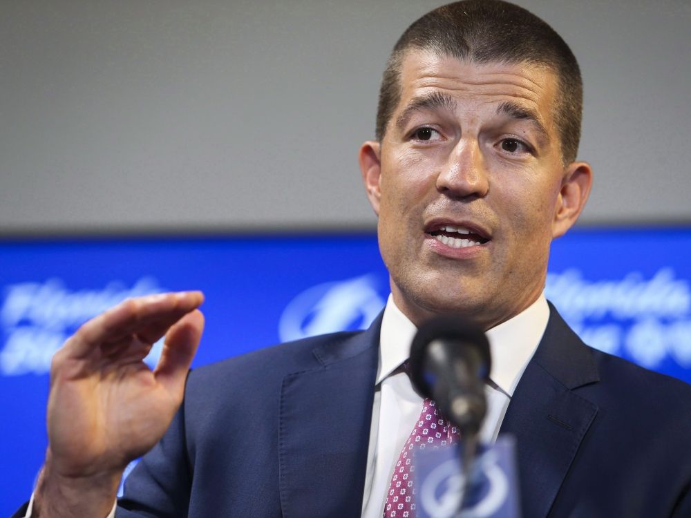 Tampa Bay Lightning GM Julien BriseBois speaks during news conference in 2018. 