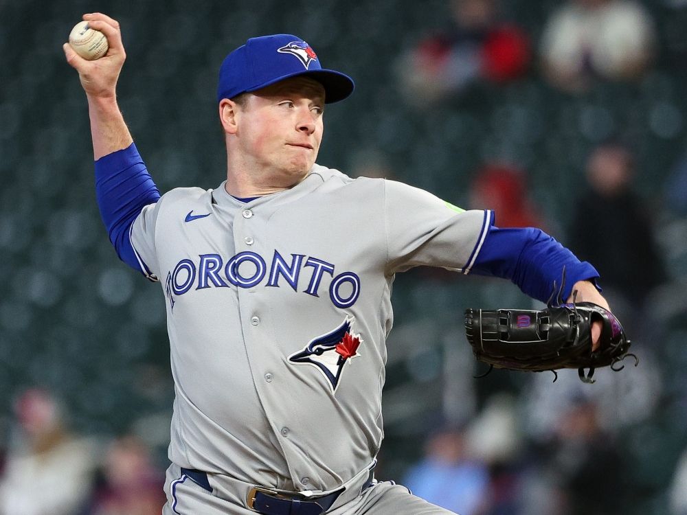 Louis Varland of the Toronto Blue Jays delivers a pitch against the Minnesota Twins during the ninth inning on May 1. 