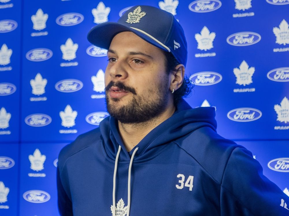 Toronto Maple Leafs captain Auston Matthews talks to reporters during the end of season media availability.