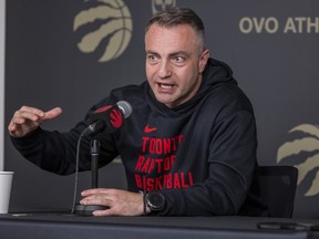 Toronto Raptors head coach Darko Rajakovic speaks to the media at a season-end media availability.