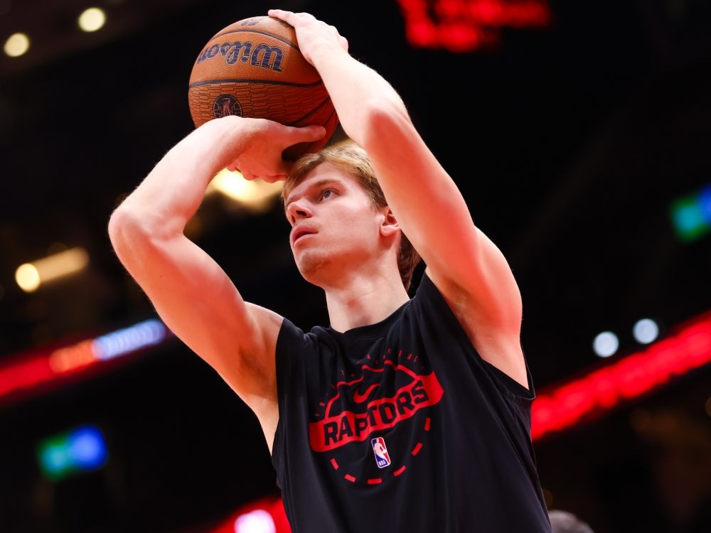 Gradey Dick of the Toronto Raptors warms up ahead a game earlier this season. 