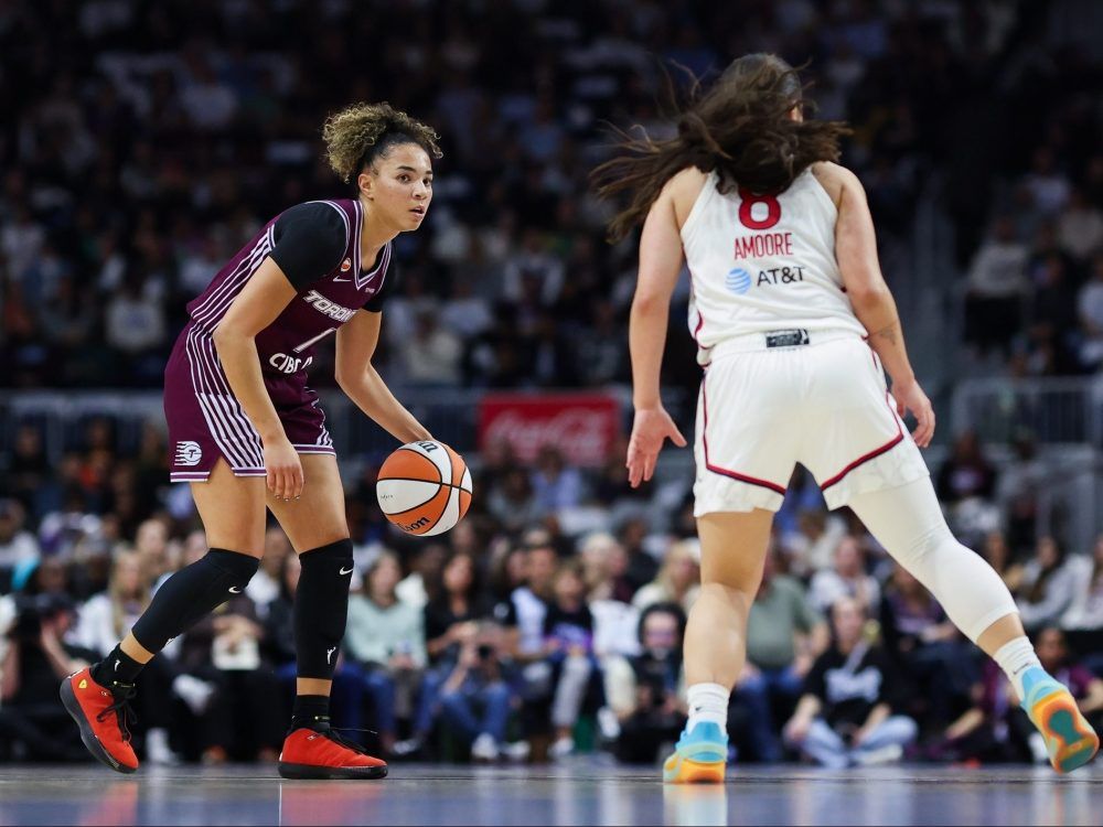 Kiki Rice of the Toronto Tempo (left) controls the ball during the first quarter against Georgia Amoore of the Washington Mystics at Coca-Cola Coliseum on May 8, 2026 in Toronto.