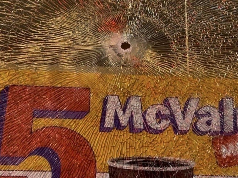 A bullet hole at a McDonald's in Scarborough