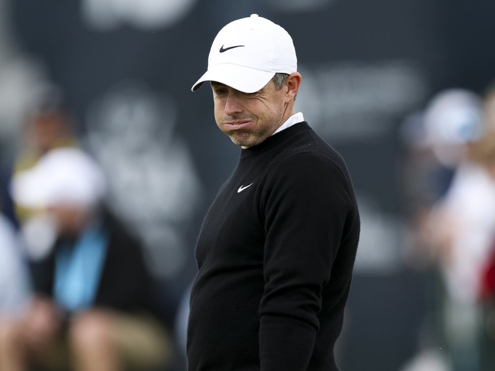 Rory McIlroy of Northern Ireland reacts after a putt on the ninth green during the first round of the PGA Championship.