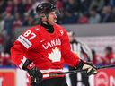 Canada forward Sidney Crosby looks on during the Group B match between Canada and Sweden at the IIHF Ice Hockey Men's World Championship at BFC Arena, in Fribourg, Switzerland, on May 15, 2026.