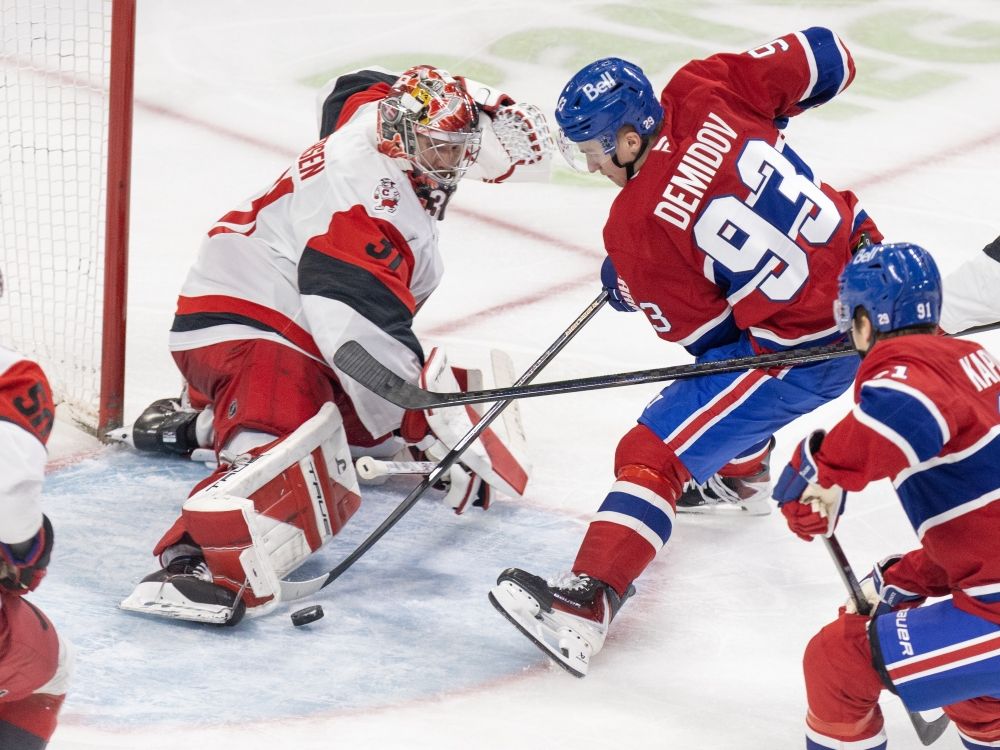 Montreal Canadiens Ivan Demidov has his shot stopped Carolina Hurricanes' Frederik Andersen during a game earlier this season.