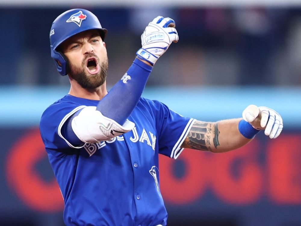 Nathan Lukes of the Toronto Blue Jays celebrates after hitting a two-run double against the New York Yankees during last year's playoffs.